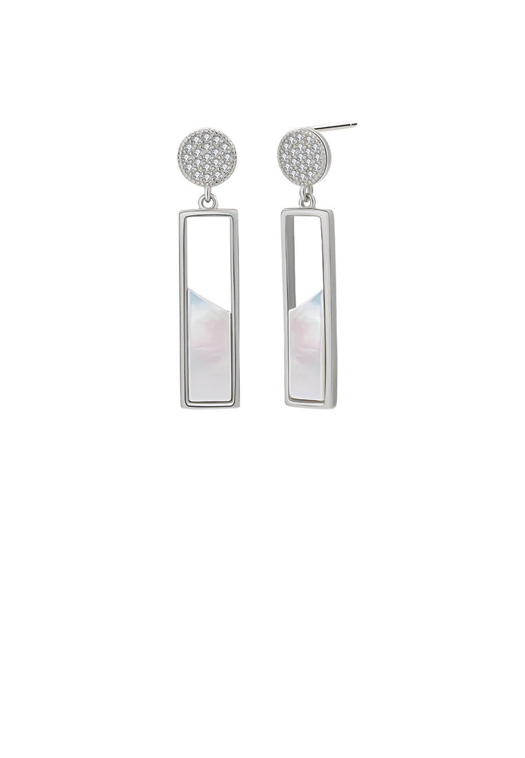 925 Sterling Silver Fashion Temperament Hollow Geometric Rectangle Mother Of Pearl Long Earrings with Cubic Zirconia - Luxurious Look
