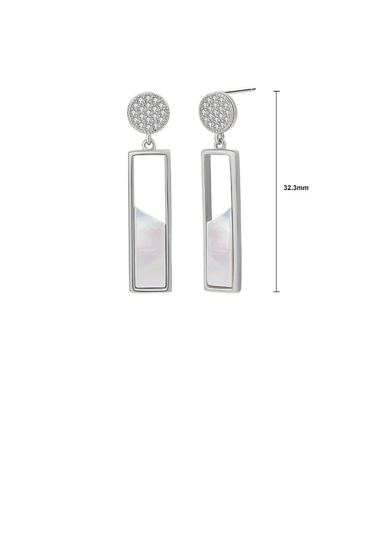 925 Sterling Silver Fashion Temperament Hollow Geometric Rectangle Mother Of Pearl Long Earrings with Cubic Zirconia - Luxurious Look
