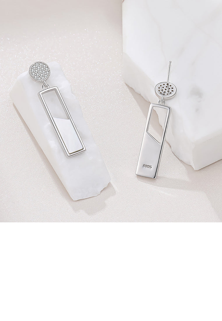 925 Sterling Silver Fashion Temperament Hollow Geometric Rectangle Mother Of Pearl Long Earrings with Cubic Zirconia - Luxurious Look