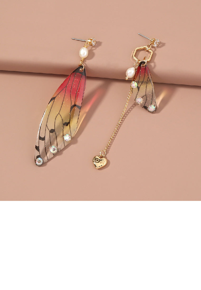 Fashion Temperament Plated Gold Imitation Pearl Asymmetric Butterfly Wing Earrings with Cubic Zirconia - Luxurious Look