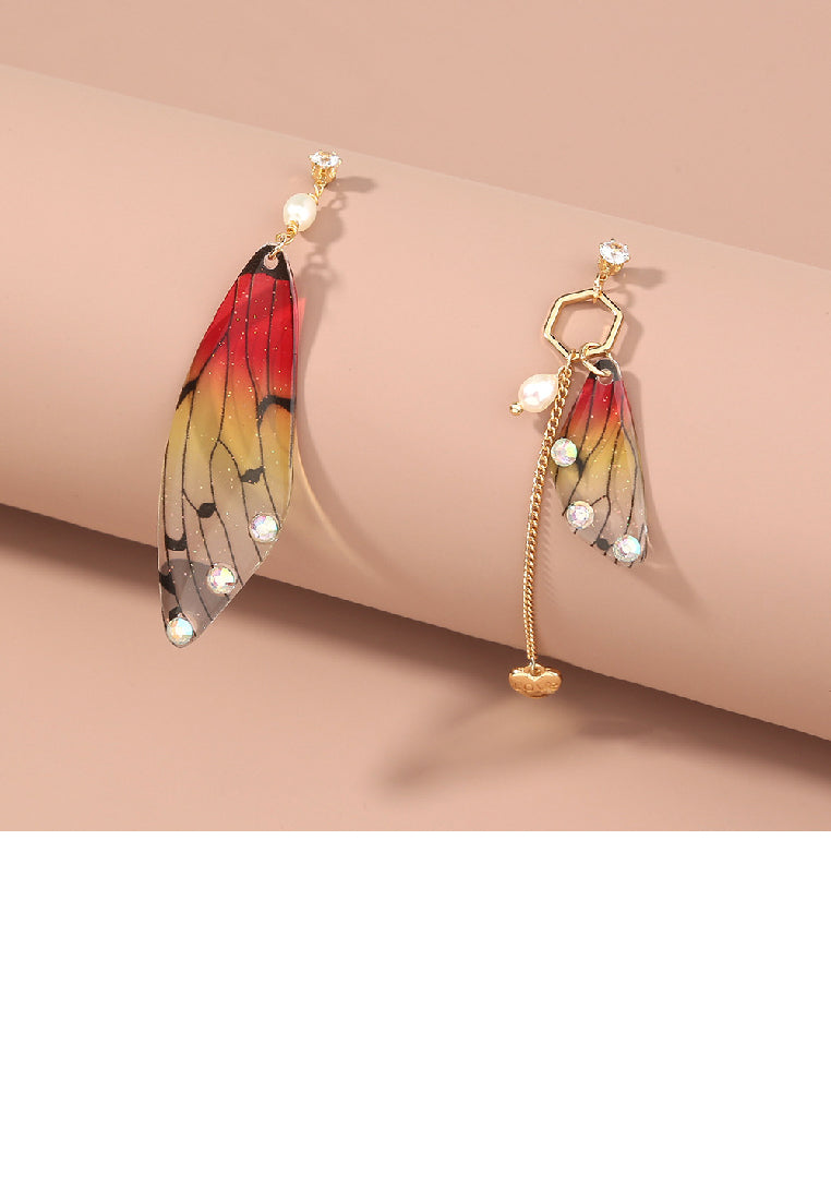Fashion Temperament Plated Gold Imitation Pearl Asymmetric Butterfly Wing Earrings with Cubic Zirconia - Luxurious Look