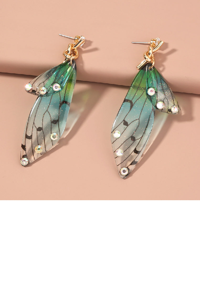 Fashion Elegant Plated Gold Resin Gradient Green Butterfly Earrings with Cubic Zirconia - Luxurious Look