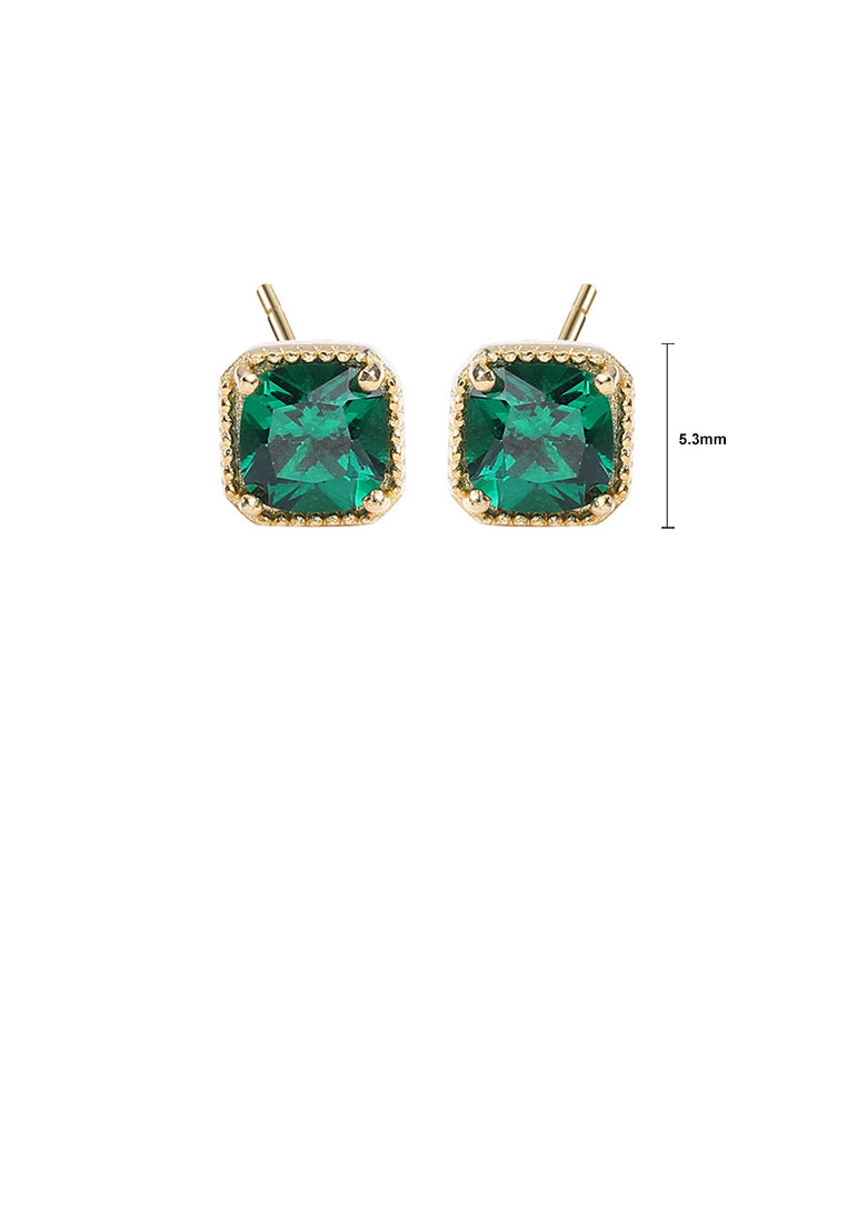 925 Sterling Silver Plated Gold Simple and Delicate Geometric Square Stud Earrings with Green Cubic Zirconia - Luxurious Look