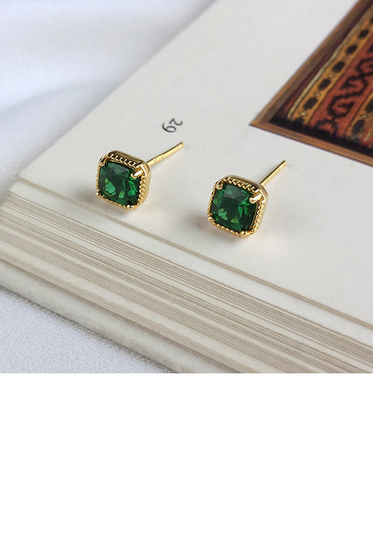 925 Sterling Silver Plated Gold Simple and Delicate Geometric Square Stud Earrings with Green Cubic Zirconia - Luxurious Look