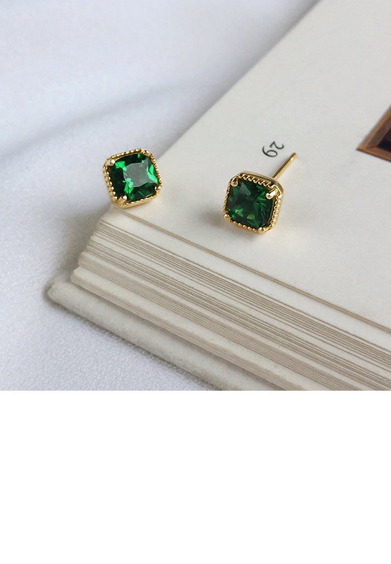 925 Sterling Silver Plated Gold Simple and Delicate Geometric Square Stud Earrings with Green Cubic Zirconia - Luxurious Look