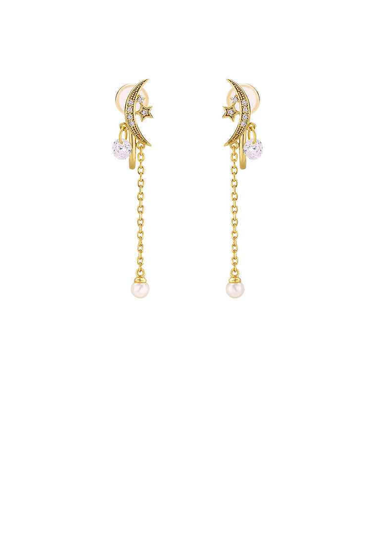 925 Sterling Silver Plated Gold Simple Creative Moon Star Tassel Freshwater Pearl Ear Clip with Cubic Zirconia - Luxurious Look