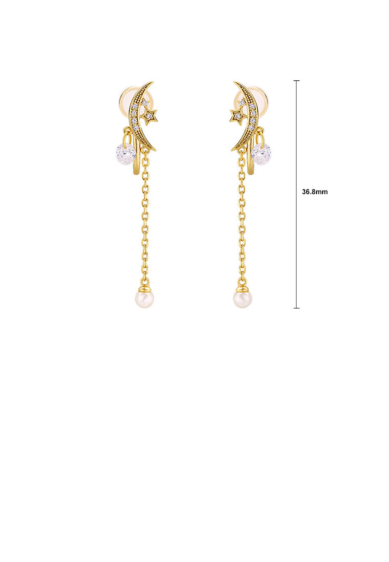 925 Sterling Silver Plated Gold Simple Creative Moon Star Tassel Freshwater Pearl Ear Clip with Cubic Zirconia - Luxurious Look