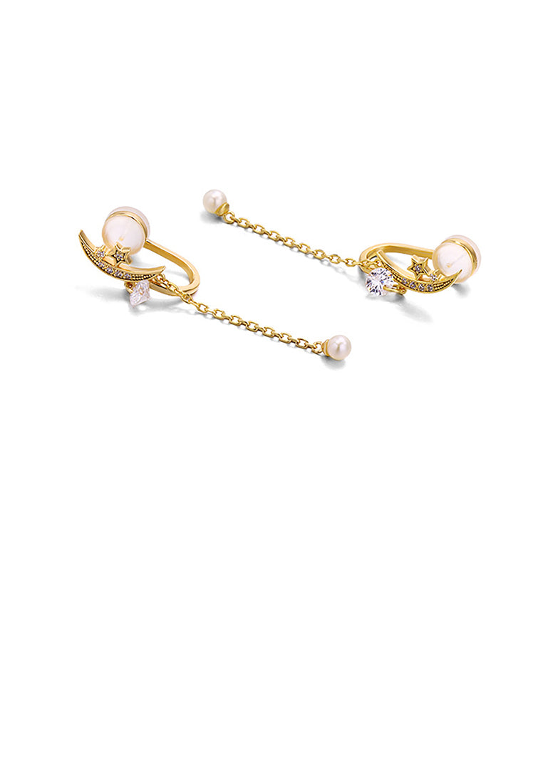 925 Sterling Silver Plated Gold Simple Creative Moon Star Tassel Freshwater Pearl Ear Clip with Cubic Zirconia - Luxurious Look