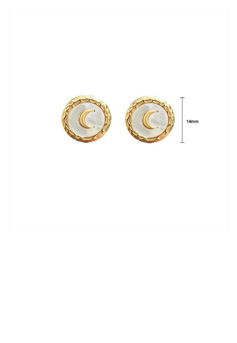 Fashion Temperament Plated Gold 316L Stainless Steel Moon Geometric Round Stud Earrings with White Shell