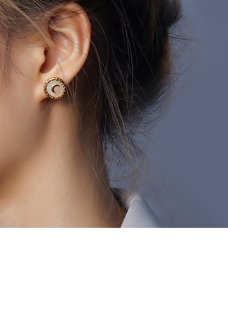 Fashion Temperament Plated Gold 316L Stainless Steel Moon Geometric Round Stud Earrings with White Shell