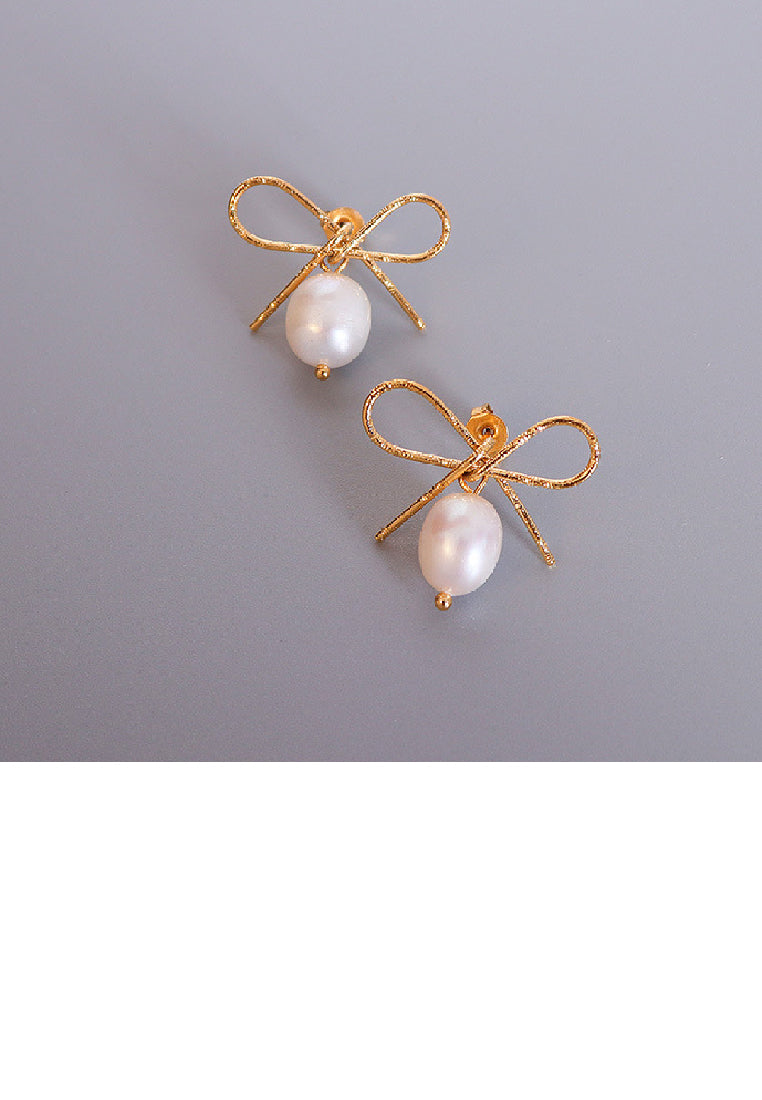 Simple Temperament Plated Gold 316L Stainless Steel Ribbon Imitation Pearl Earrings - Luxurious Look