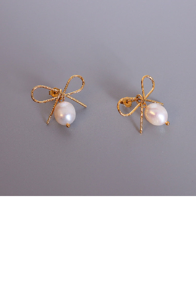 Simple Temperament Plated Gold 316L Stainless Steel Ribbon Imitation Pearl Earrings - Luxurious Look