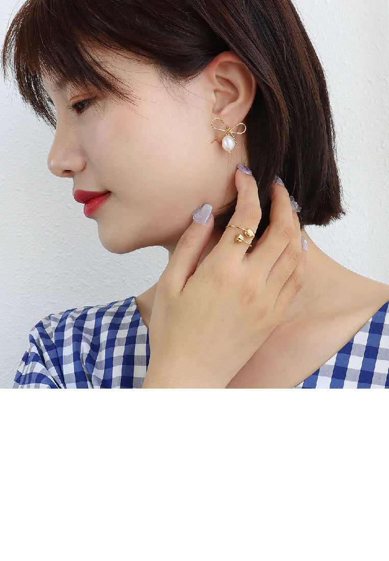 Simple Temperament Plated Gold 316L Stainless Steel Ribbon Imitation Pearl Earrings - Luxurious Look