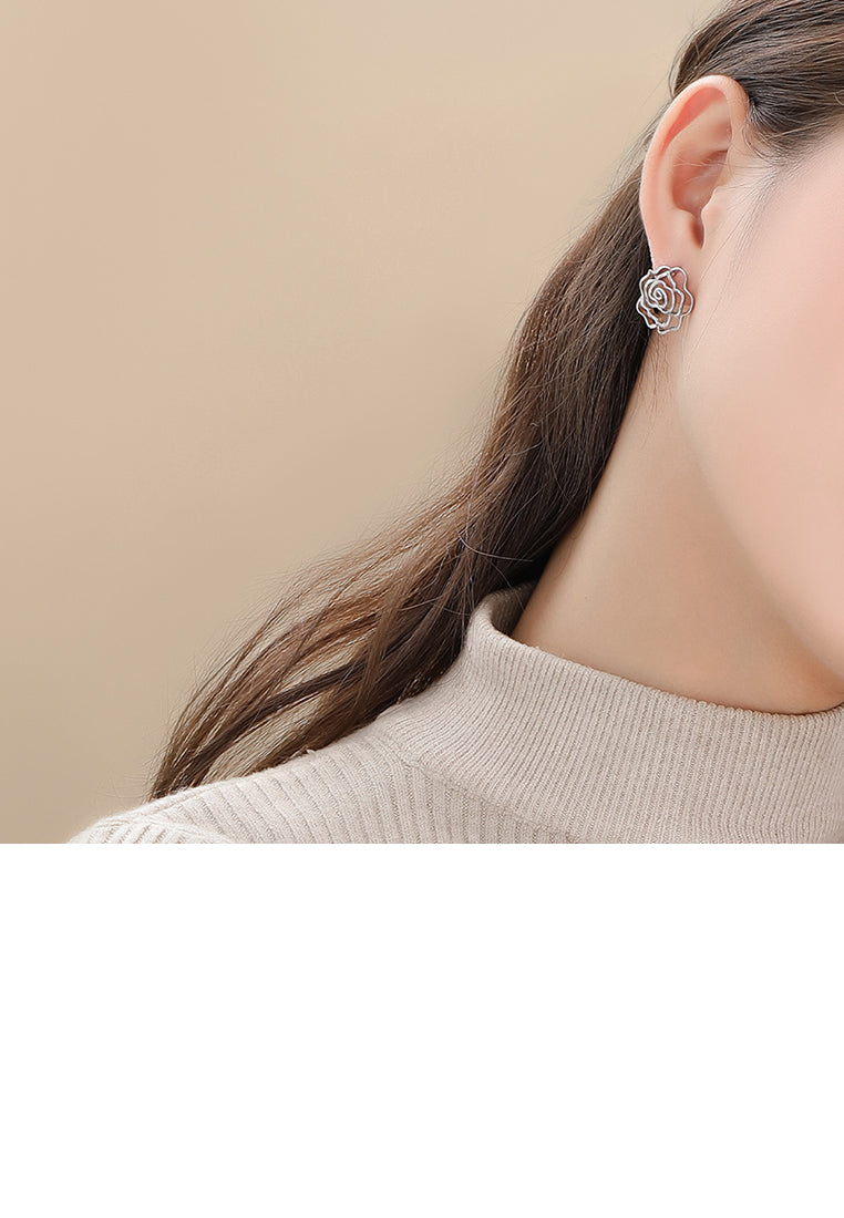 925 Sterling Silver Fashion and Elegant Hollow Rose Stud Earrings