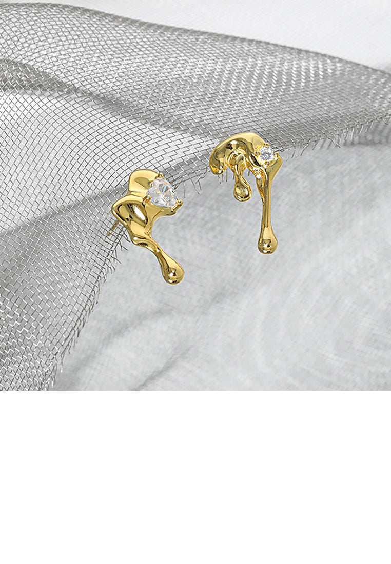 925 Sterling Silver Plated Gold Personality Creative Lava Shape Asymmetrical Stud Earrings with Cubic Zirconia - Luxurious Look