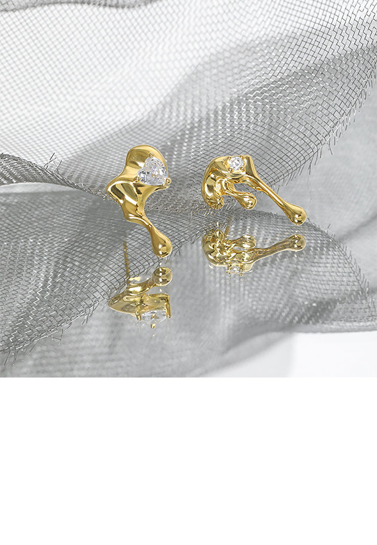 925 Sterling Silver Plated Gold Personality Creative Lava Shape Asymmetrical Stud Earrings with Cubic Zirconia - Luxurious Look