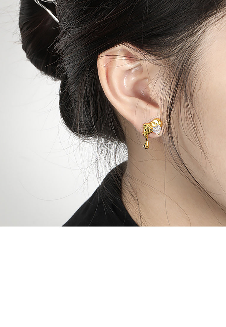 925 Sterling Silver Plated Gold Personality Creative Lava Shape Asymmetrical Stud Earrings with Cubic Zirconia - Luxurious Look