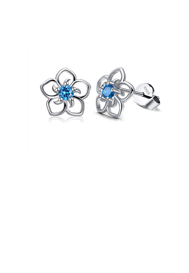 925 Sterling Silver Simple Fashion Hollow Flower Stud Earrings with Blue Cubic Zirconia - Luxurious Look