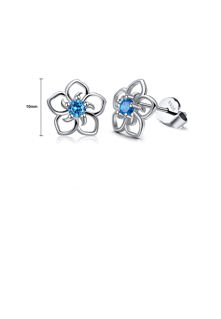 925 Sterling Silver Simple Fashion Hollow Flower Stud Earrings with Blue Cubic Zirconia - Luxurious Look