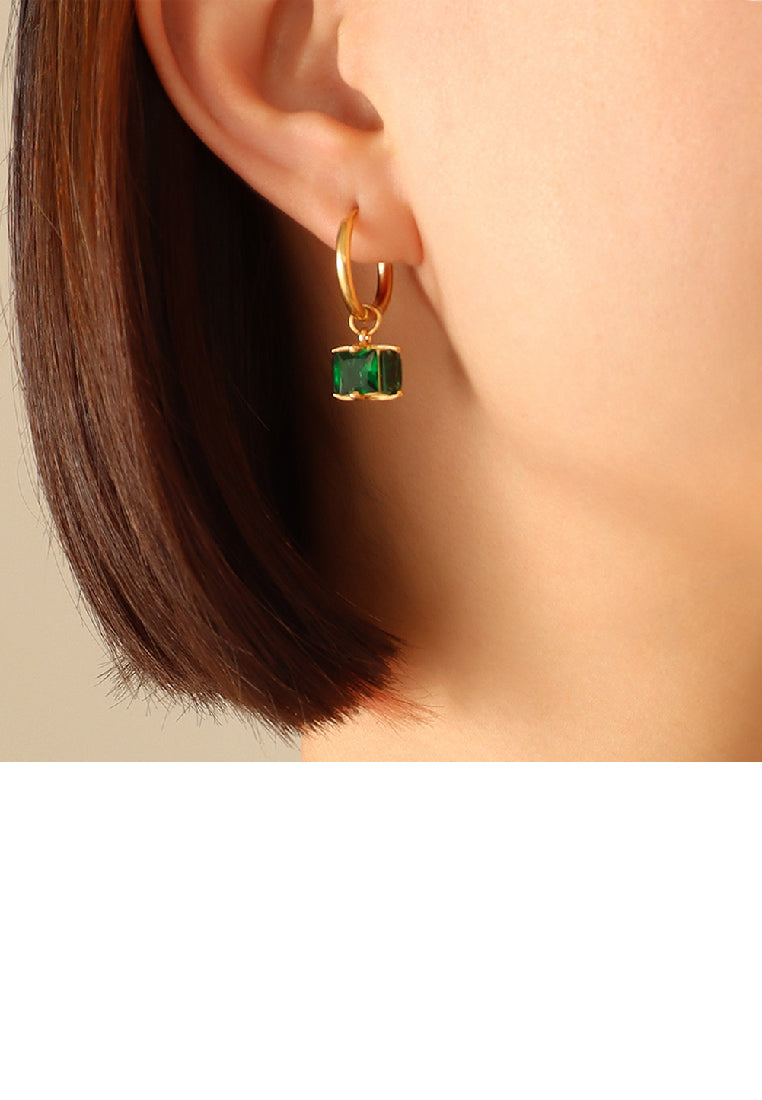 Fashion Elegant Plated Gold 316L Stainless Steel Geometric Square Green Cubic Zirconia Earrings - Luxurious Look