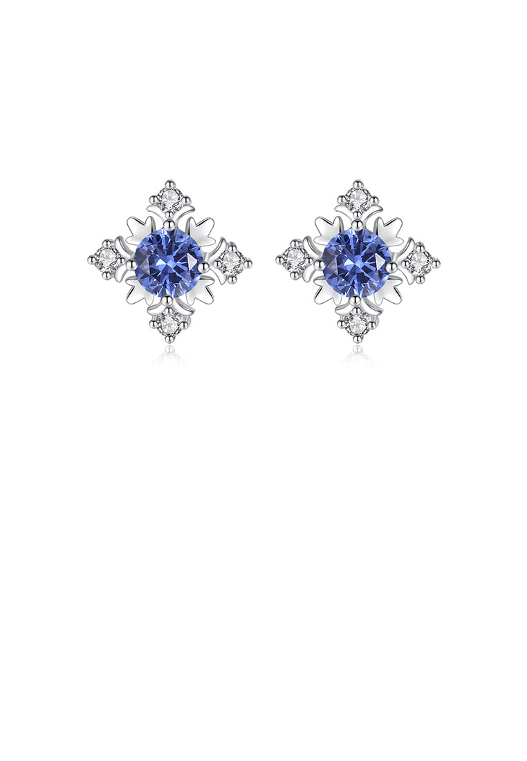 925 Sterling Silver Fashion and Elegant Snowflake Stud Earrings with Blue Cubic Zirconia - Luxurious Look