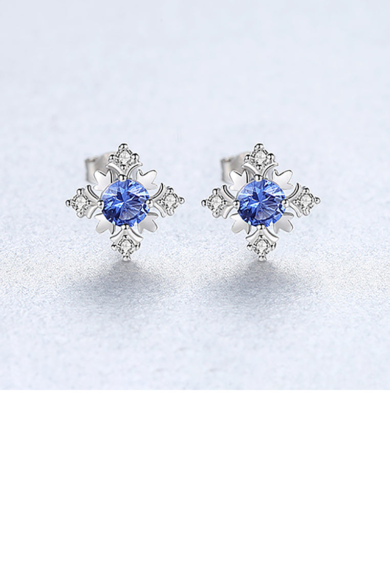 925 Sterling Silver Fashion and Elegant Snowflake Stud Earrings with Blue Cubic Zirconia - Luxurious Look