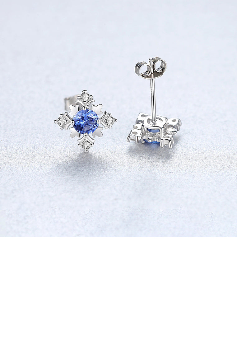 925 Sterling Silver Fashion and Elegant Snowflake Stud Earrings with Blue Cubic Zirconia - Luxurious Look