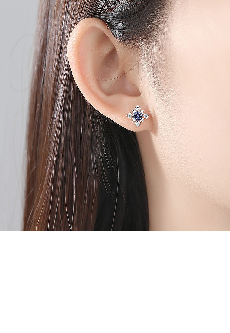 925 Sterling Silver Fashion and Elegant Snowflake Stud Earrings with Blue Cubic Zirconia - Luxurious Look