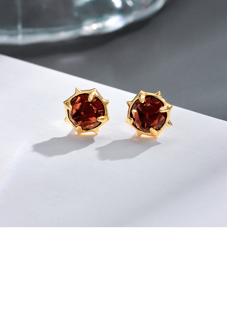 925 Sterling Silver Plated Gold Fashion Exquisite Geometric Red Garnet Stud Earrings - Vibrant Color