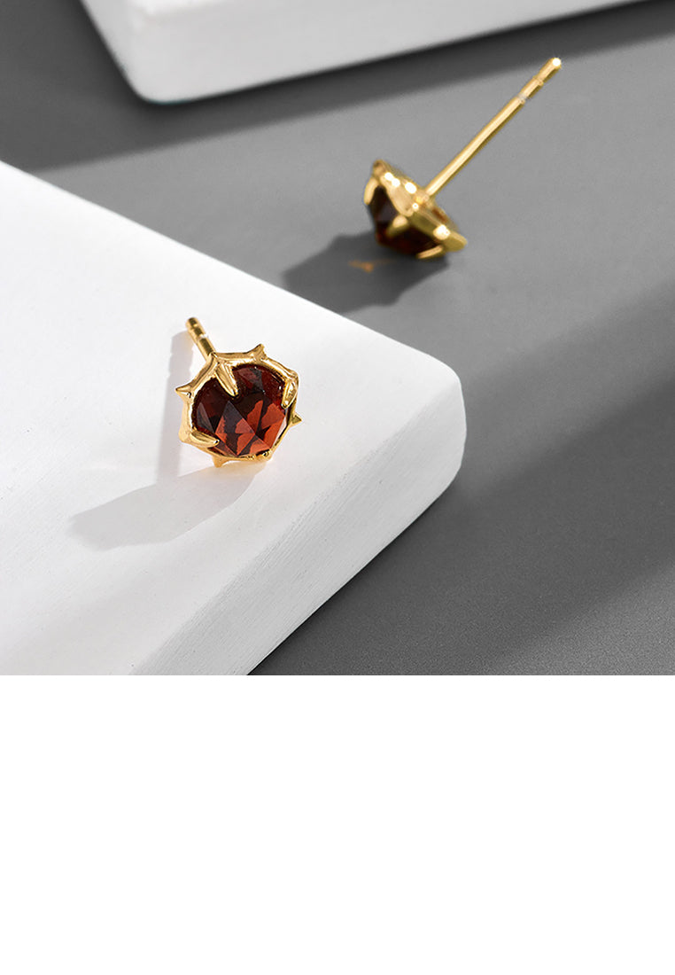 925 Sterling Silver Plated Gold Fashion Exquisite Geometric Red Garnet Stud Earrings - Vibrant Color