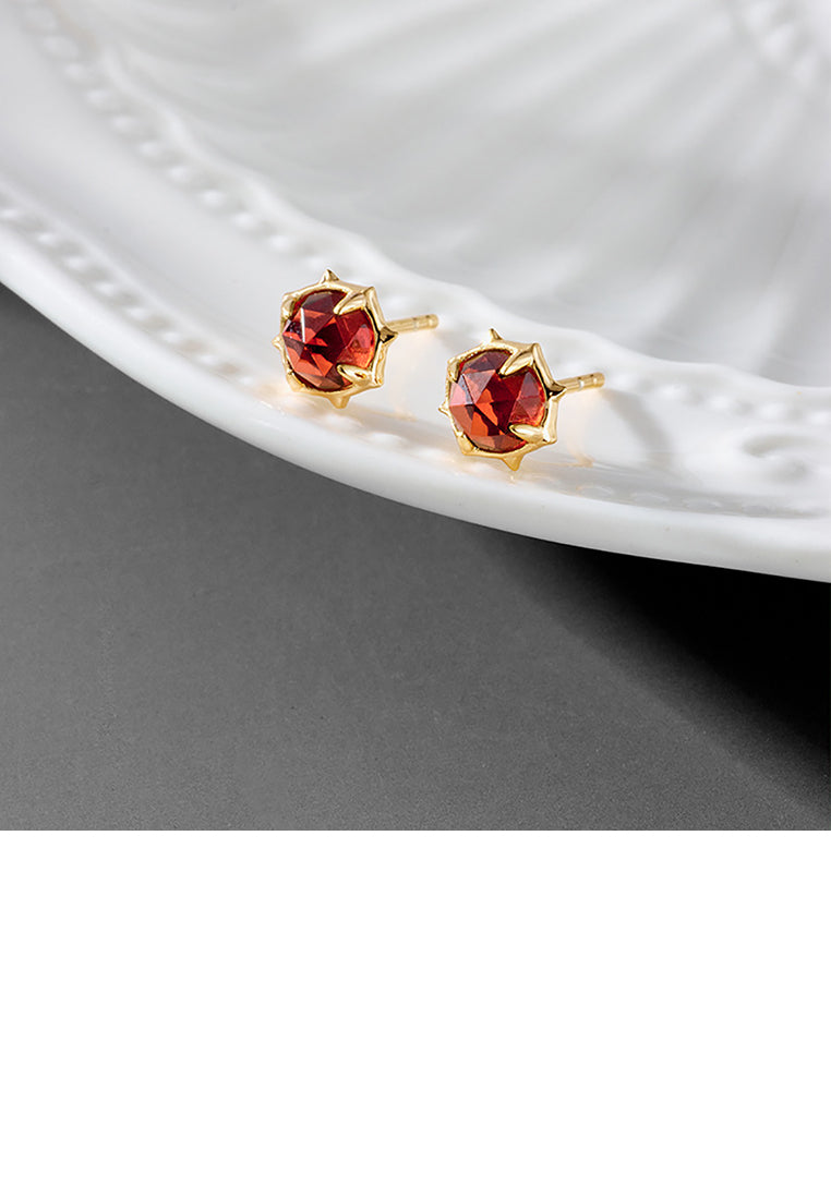 925 Sterling Silver Plated Gold Fashion Exquisite Geometric Red Garnet Stud Earrings - Vibrant Color