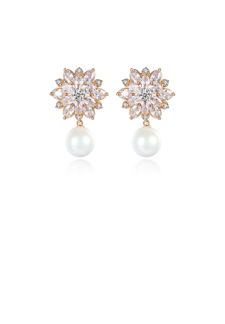 Fashion Elegant Plated Gold Flower Imitation Pearl Earrings with Cubic Zirconia - Luxurious Look