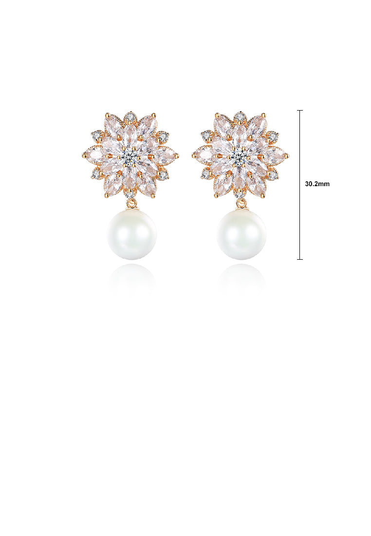 Fashion Elegant Plated Gold Flower Imitation Pearl Earrings with Cubic Zirconia - Luxurious Look