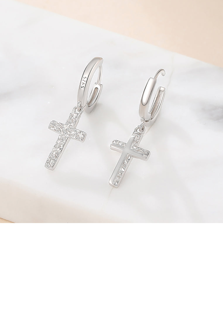 925 Sterling Silver Fashion Simple Crinkle Pattern Cross Earrings