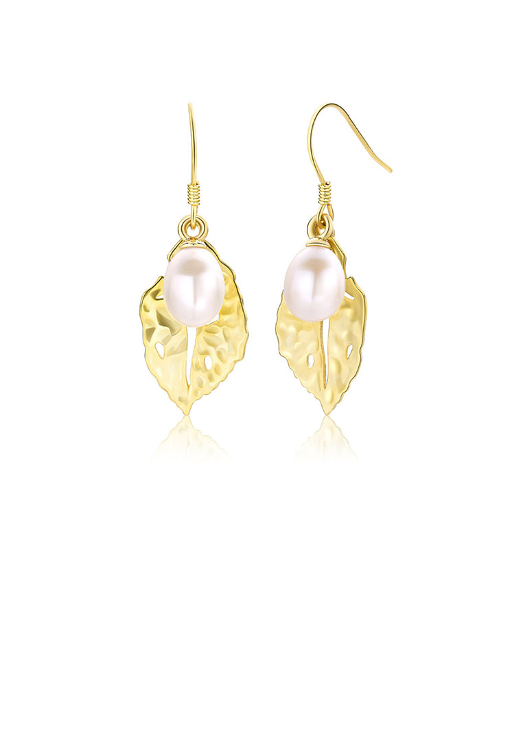 925 Sterling Silver Plated Gold Fashion Temperament Leaf Freshwater Pearl Earrings - Luxurious Look