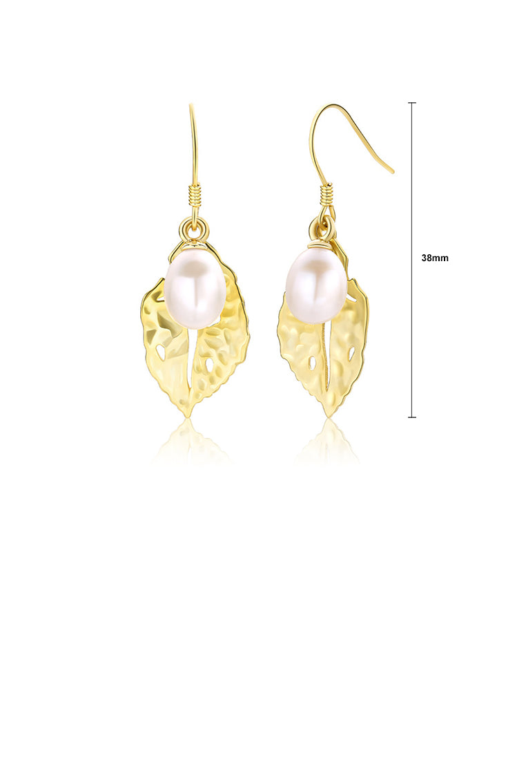 925 Sterling Silver Plated Gold Fashion Temperament Leaf Freshwater Pearl Earrings - Luxurious Look