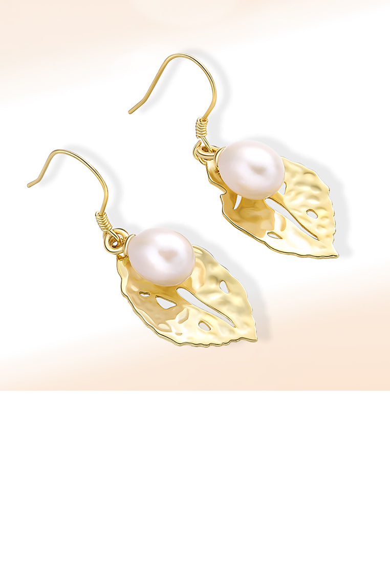 925 Sterling Silver Plated Gold Fashion Temperament Leaf Freshwater Pearl Earrings - Luxurious Look