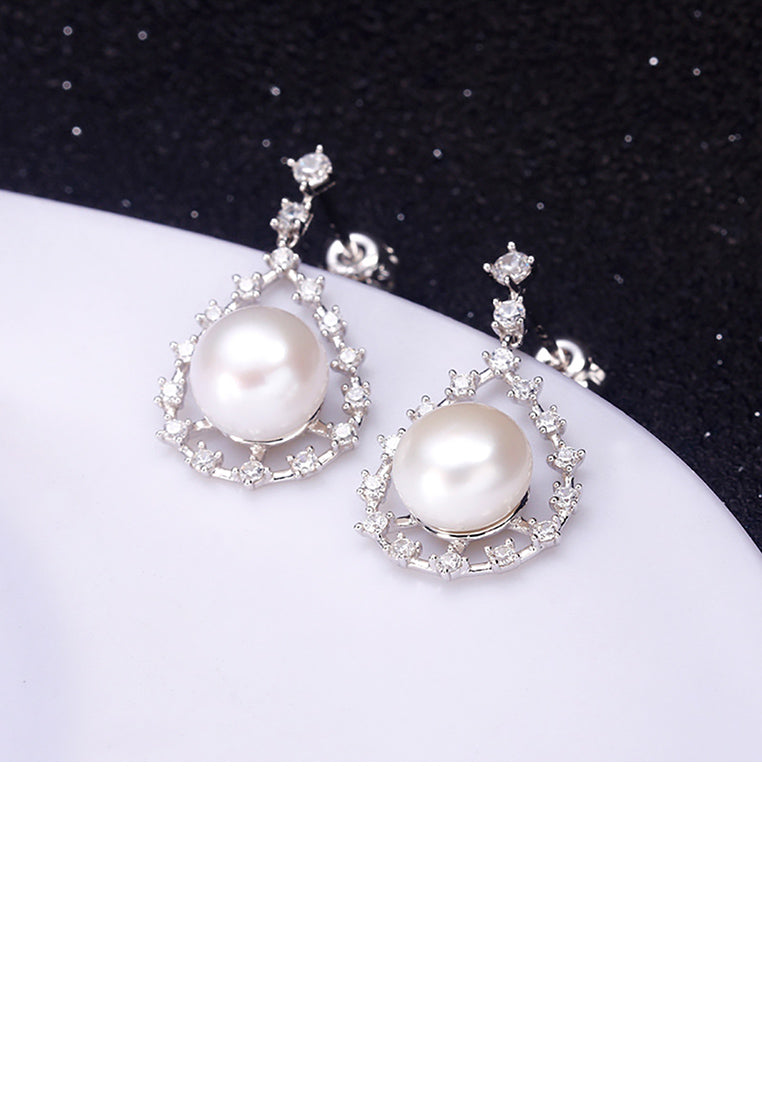 925 Sterling Silver Fashion and Elegant Water Drop Shaped Freshwater Pearl Earrings with Cubic Zirconia - Luxurious Look
