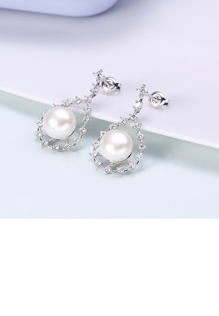 925 Sterling Silver Fashion and Elegant Water Drop Shaped Freshwater Pearl Earrings with Cubic Zirconia - Luxurious Look