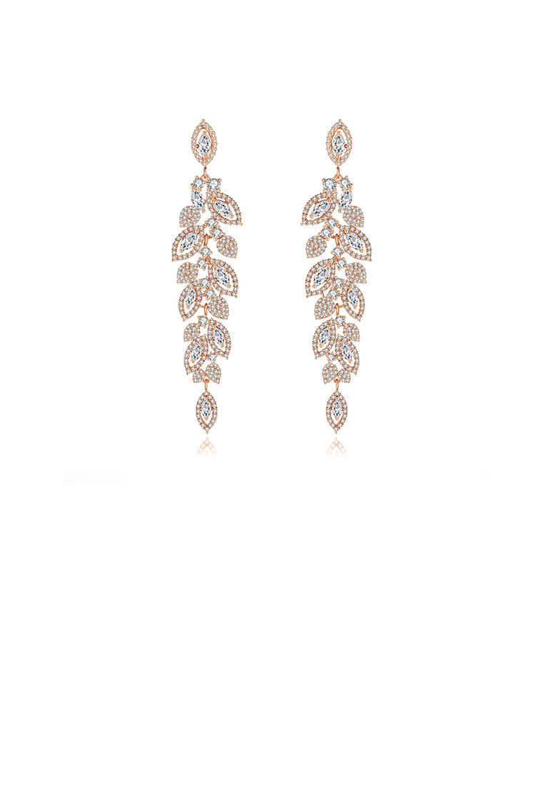 Elegant Temperament Plated Gold Leaf Tassel Earrings with Cubic Zirconia - Luxurious Look