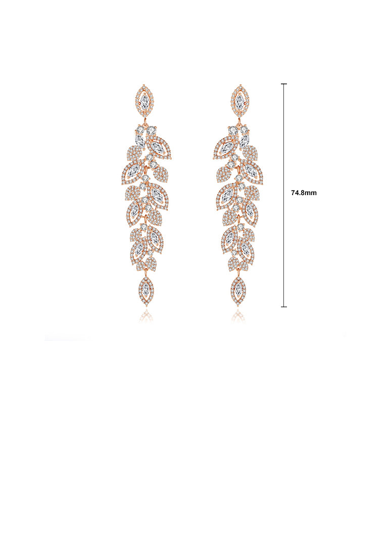 Elegant Temperament Plated Gold Leaf Tassel Earrings with Cubic Zirconia - Luxurious Look
