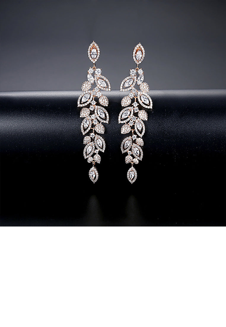 Elegant Temperament Plated Gold Leaf Tassel Earrings with Cubic Zirconia - Luxurious Look