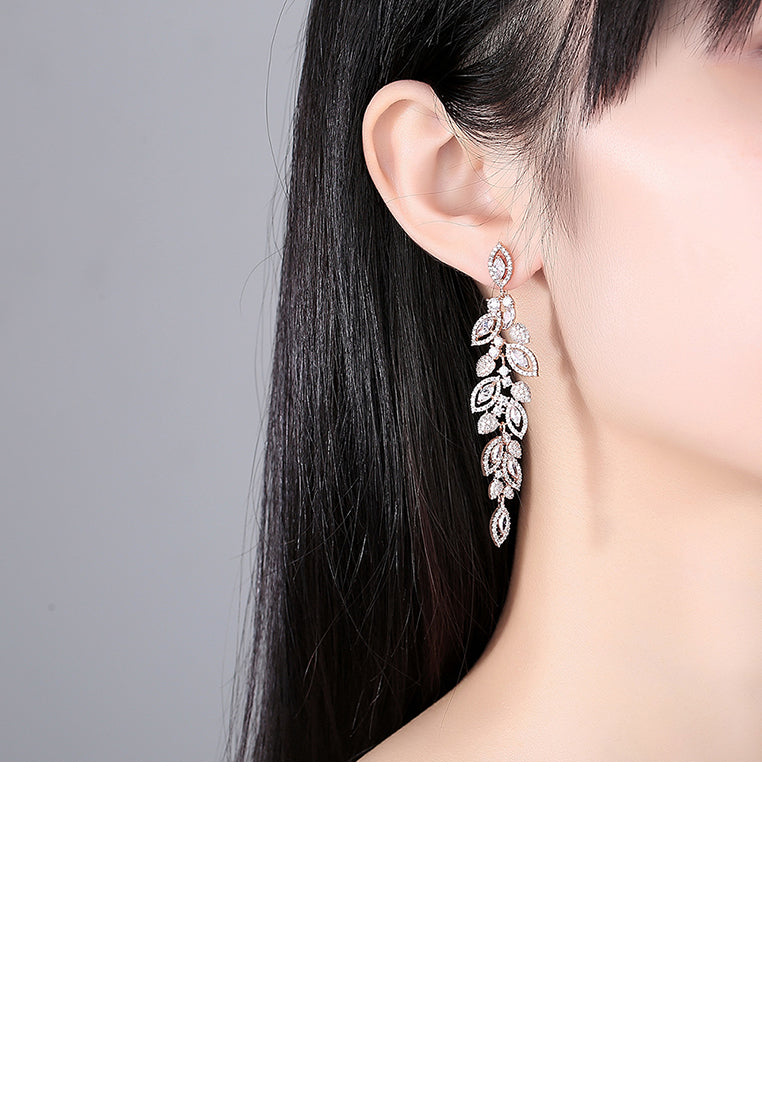 Elegant Temperament Plated Gold Leaf Tassel Earrings with Cubic Zirconia - Luxurious Look