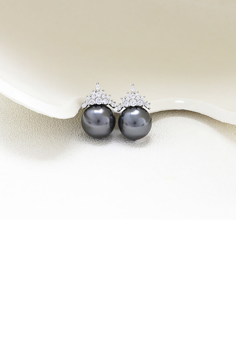925 Sterling Silver Simple and Elegant Geometric Black Freshwater Pearl Stud Earrings with Cubic Zirconia - Luxurious Look