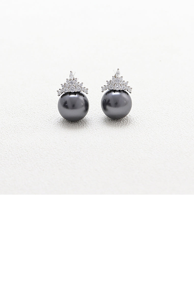 925 Sterling Silver Simple and Elegant Geometric Black Freshwater Pearl Stud Earrings with Cubic Zirconia - Luxurious Look