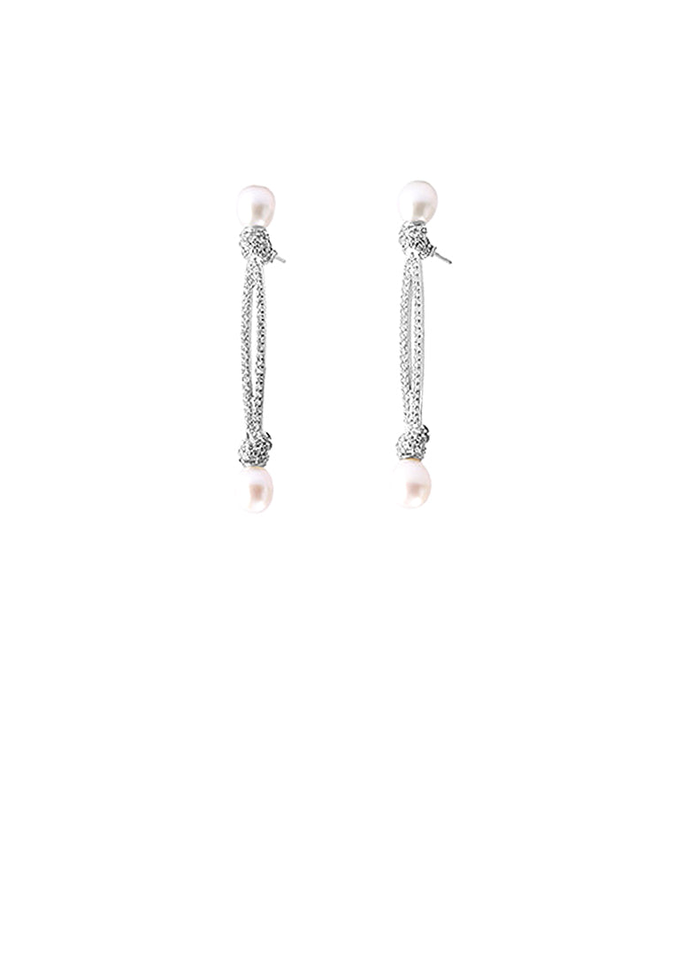 925 Sterling Silver Fashion Simple Geometric Freshwater Pearl Long Earrings with Cubic Zirconia - Luxurious Look