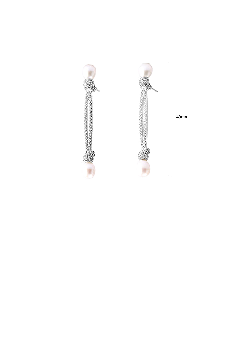 925 Sterling Silver Fashion Simple Geometric Freshwater Pearl Long Earrings with Cubic Zirconia - Luxurious Look
