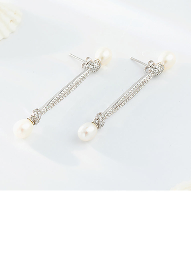 925 Sterling Silver Fashion Simple Geometric Freshwater Pearl Long Earrings with Cubic Zirconia - Luxurious Look