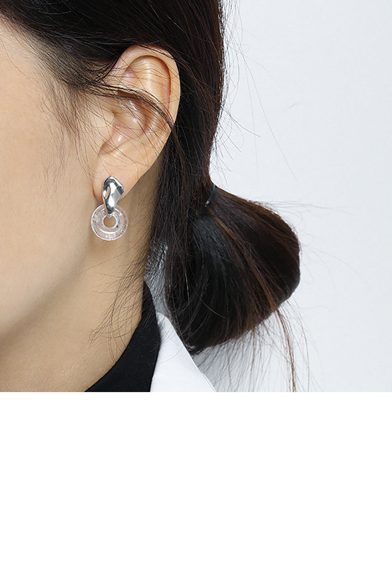 925 Sterling Silver Simple Temperament Irregular Geometric White Crystal Round Earrings