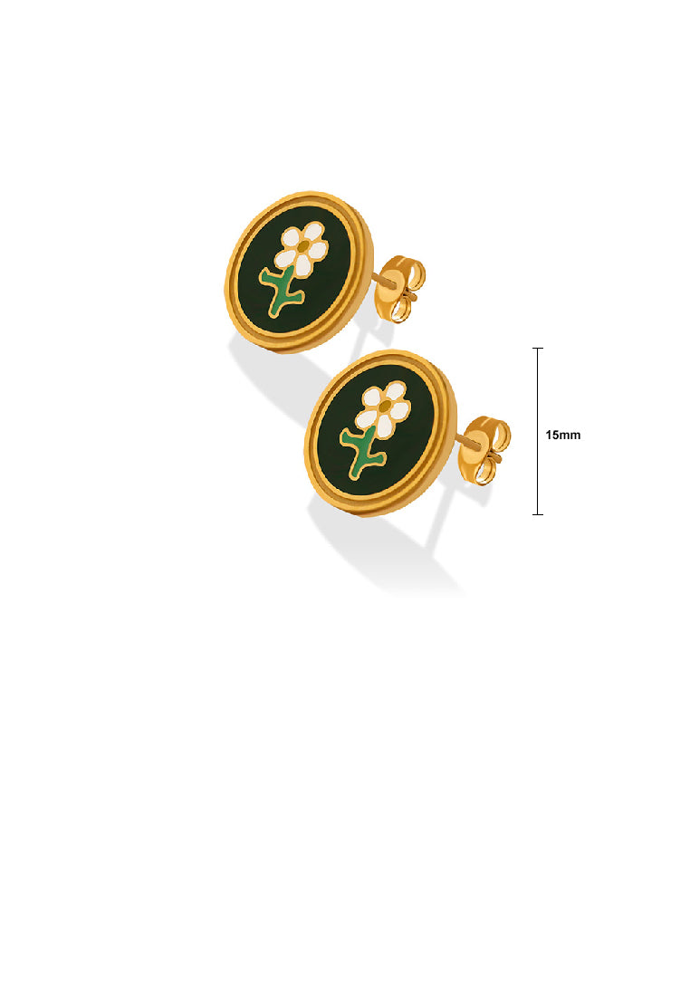 Fashion Elegant Plated Gold 316L Stainless Steel Enamel Flower Geometric Round Stud Earrings